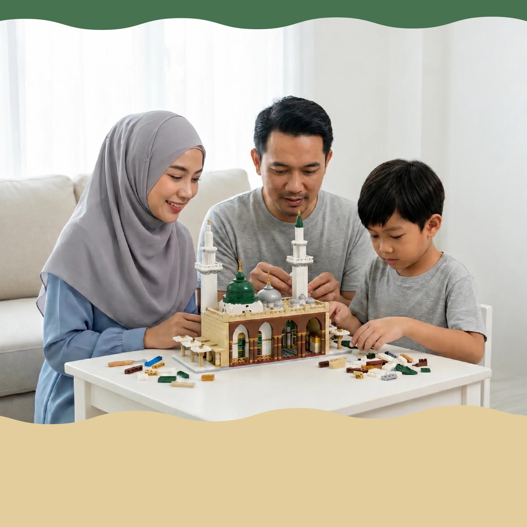 Family building the Masjid An-Nabawi (Prophet's Mosque) block toy together, perfect for whole family to bond and come together (mobile copy)