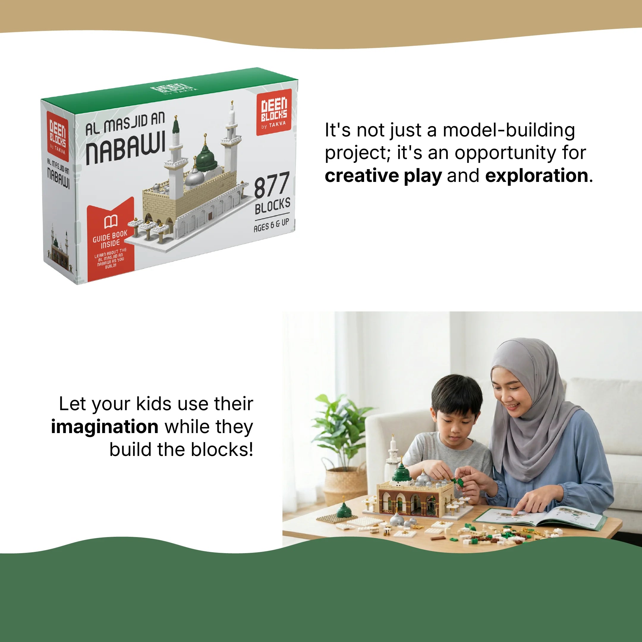 Masjid An-Nabawi (Prophet's Mosque) block toy packaging (877 blocks, guidebook included, ages 6+) beside a mother and child building the set together (mobile copy)
