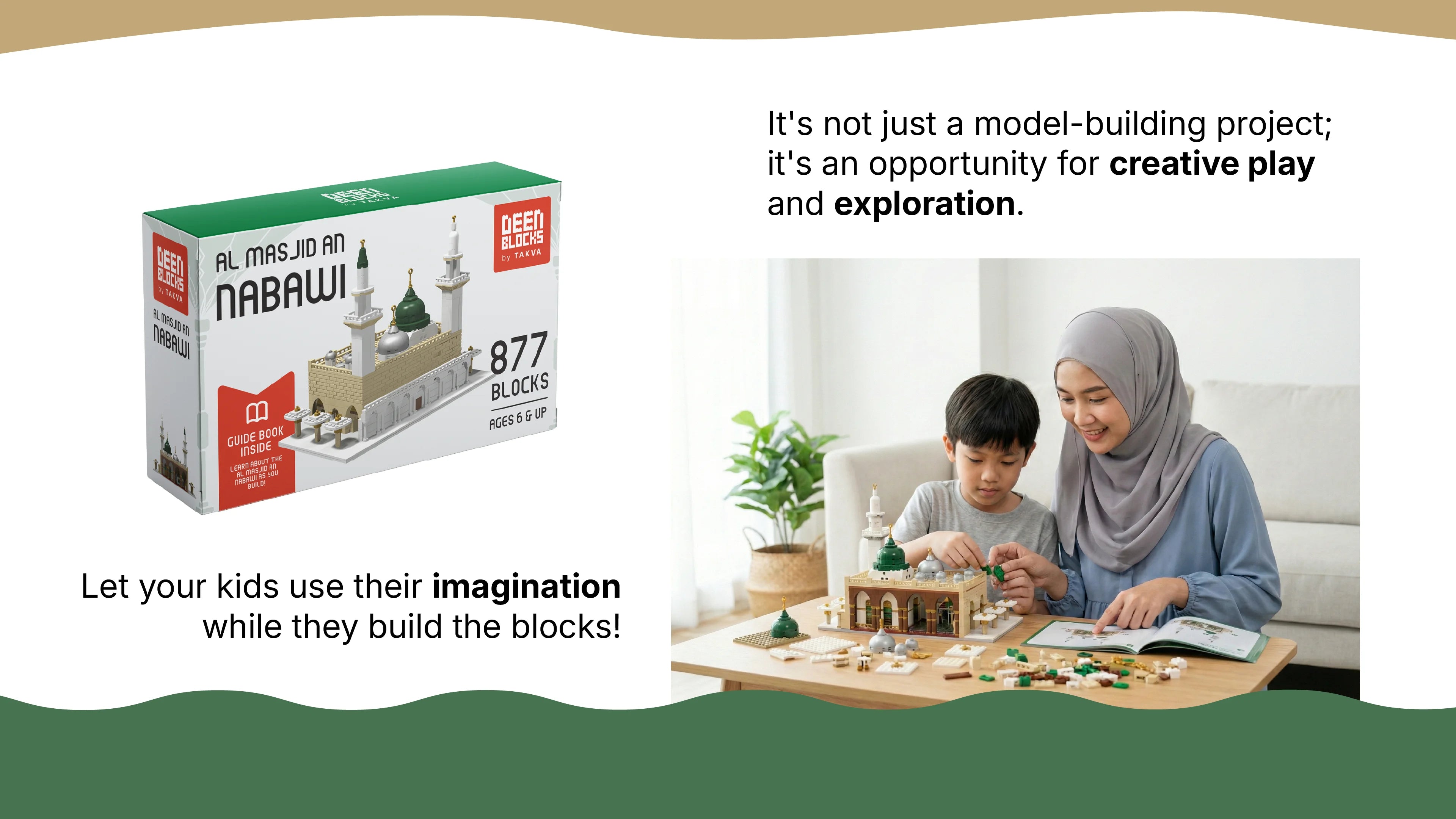 Masjid An-Nabawi (Prophet's Mosque) block toy packaging (877 blocks, guidebook included, ages 6+) beside a mother and child building the set together