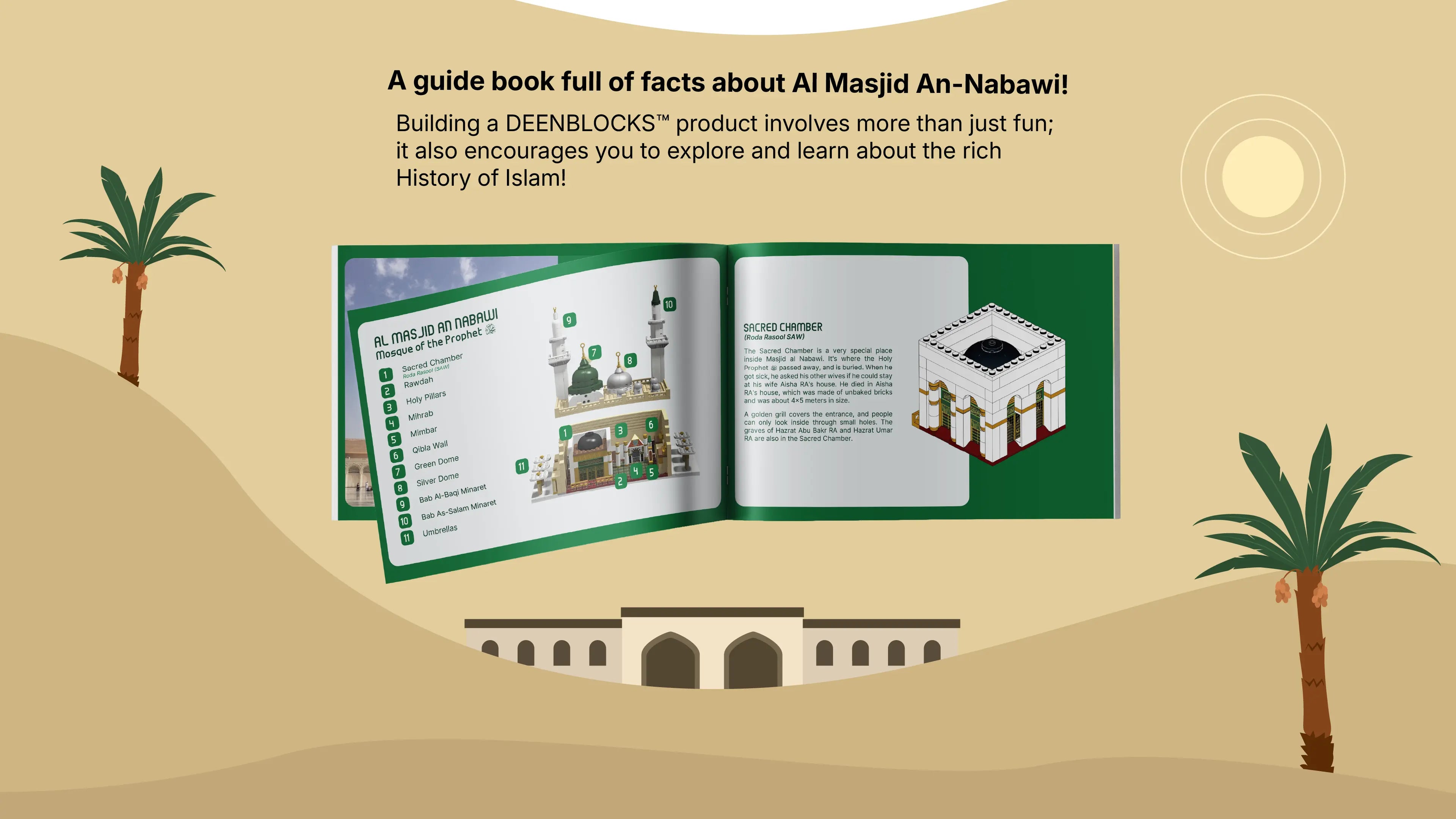Included guidebook full of facts about Al Masjid An-Nabawi (Prophet's Mosque), covering its history and the Sacred Chamber (Roda Rasool SAW), to help kids learn while they build