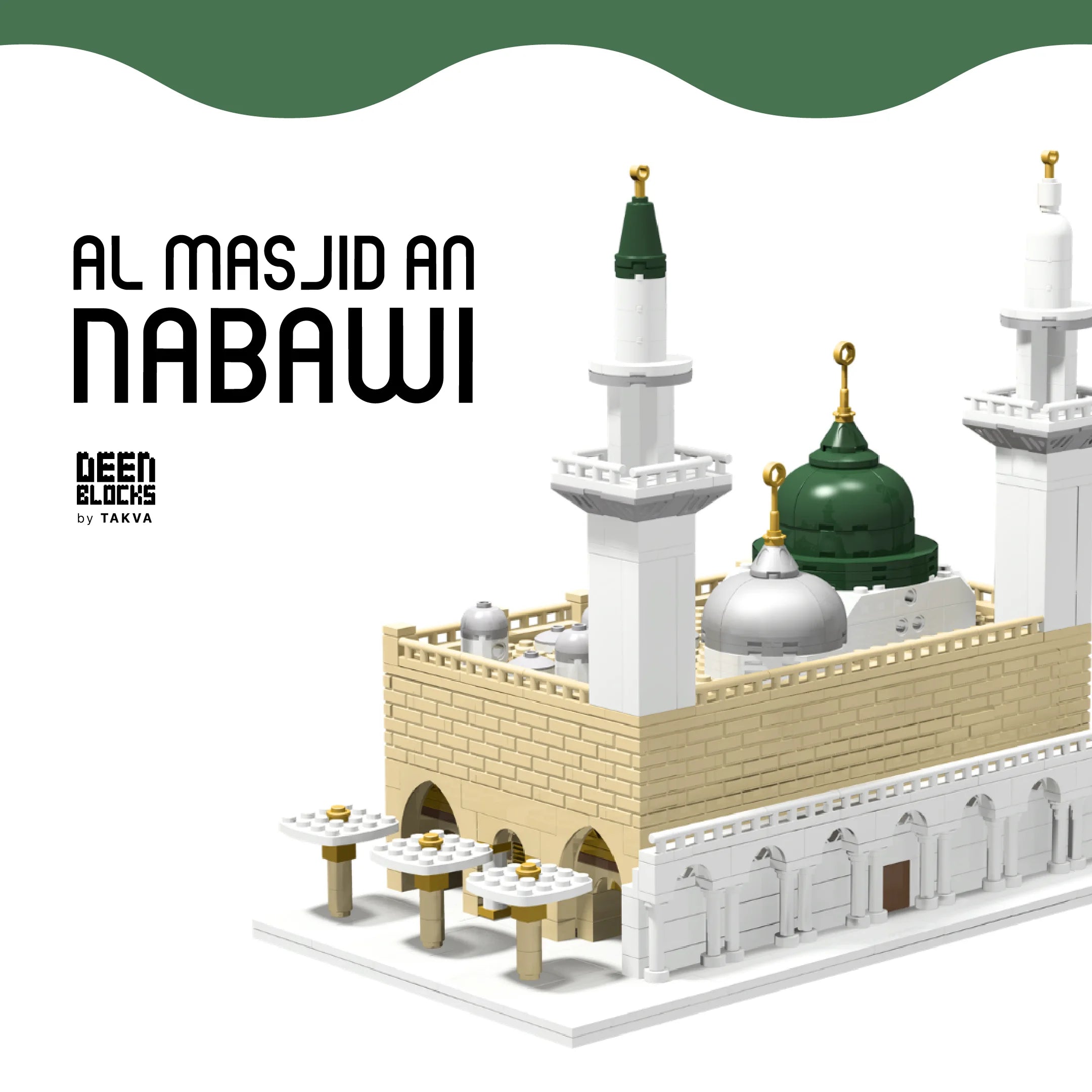 Al Masjid An-Nabawi, the Prophet's Mosque — close-up render of the minarets, green and silver domes, and courtyard canopies, under the DeenBlocks by Takva logo (mobile copy)