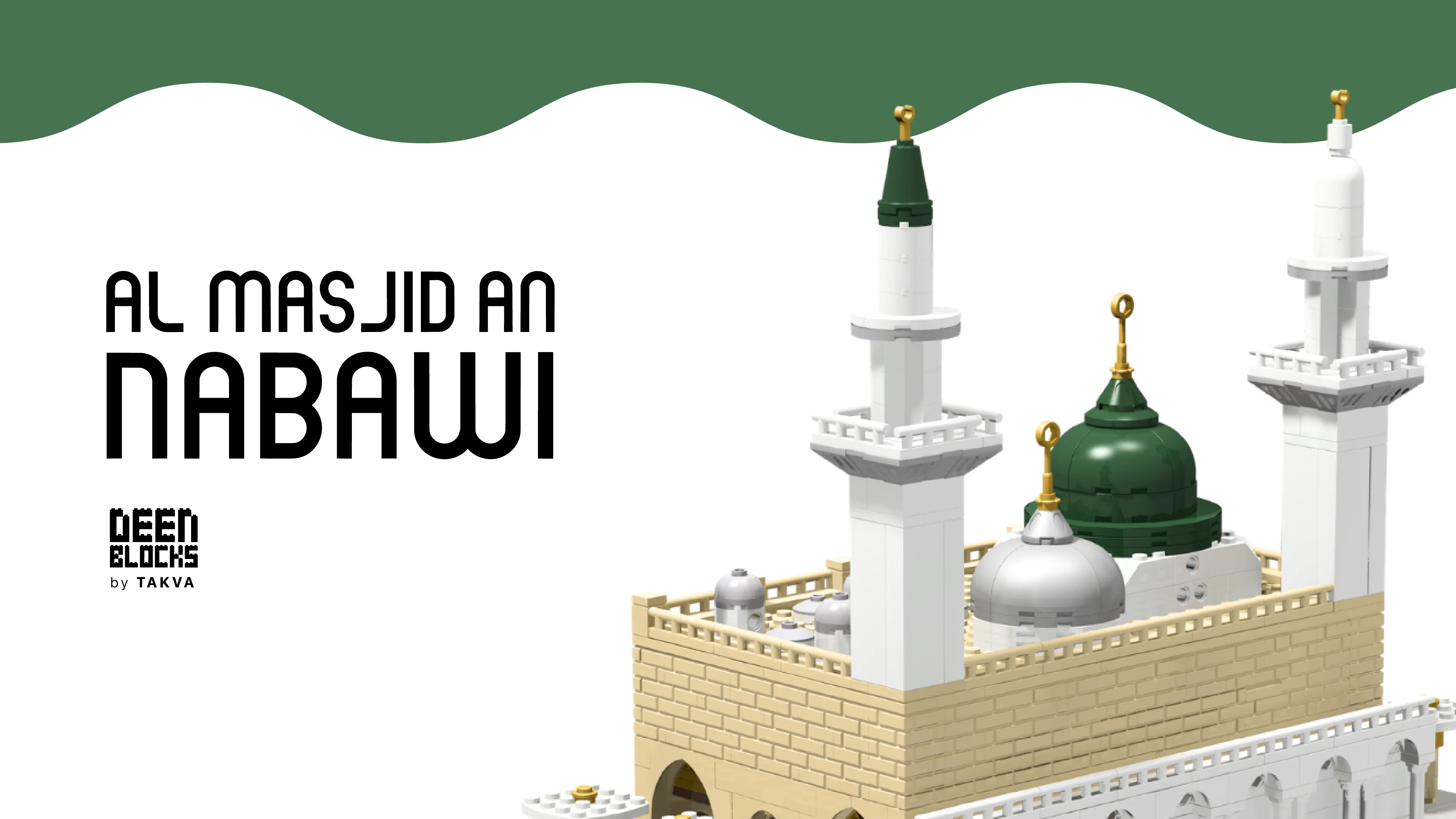 Al Masjid An-Nabawi, the Prophet's Mosque — close-up render of the minarets, green and silver domes, and courtyard canopies, under the DeenBlocks by Takva logo