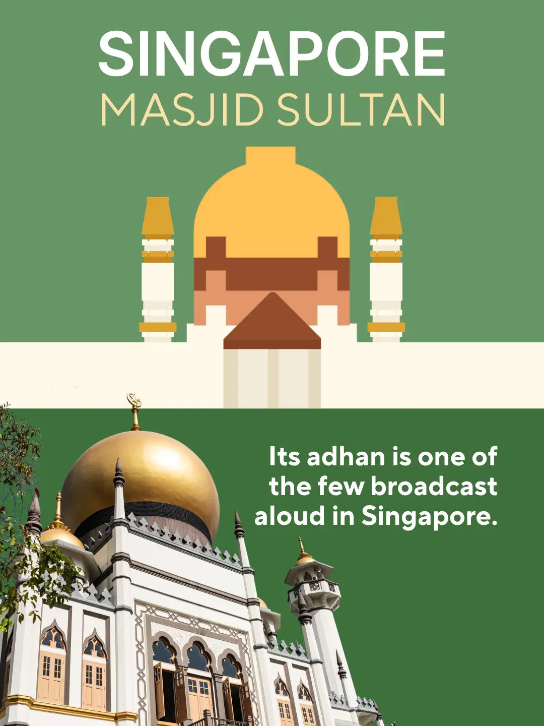Its adhan is one of the few broadcast aloud in Singapore: Singapore, Masjid Sultan panel beside a photo of the real golden dome and white minarets, the landmark recreated in the mini building blocks model (mobile copy)