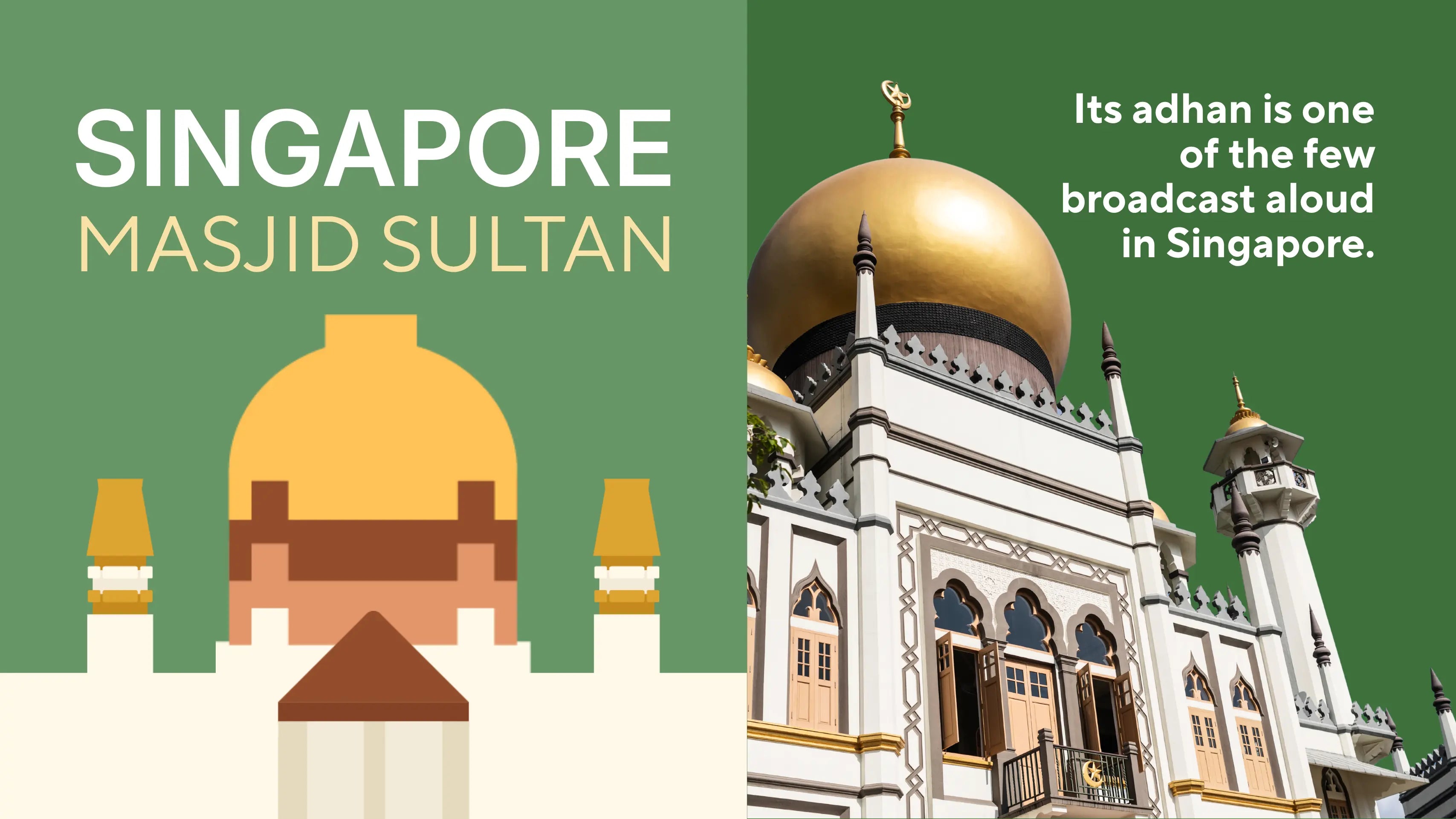 Its adhan is one of the few broadcast aloud in Singapore: Singapore, Masjid Sultan panel beside a photo of the real golden dome and white minarets, the landmark recreated in the mini building blocks model