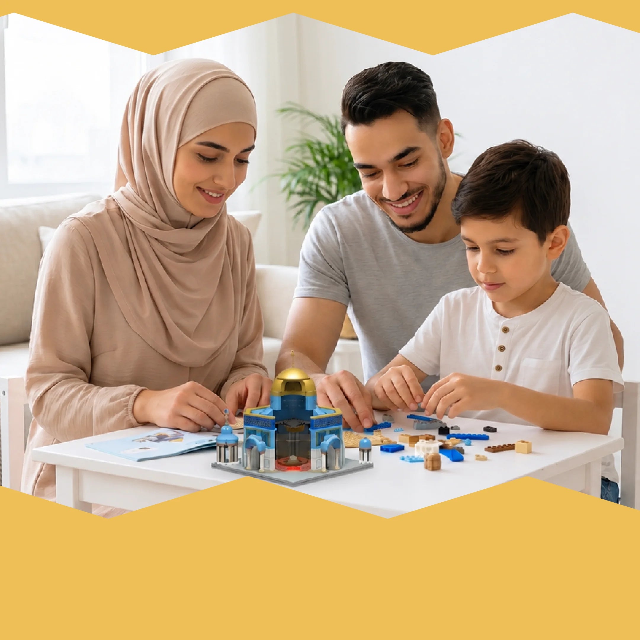 Mother, father and son building the Dome of the Rock block set together at a table (mobile copy)
