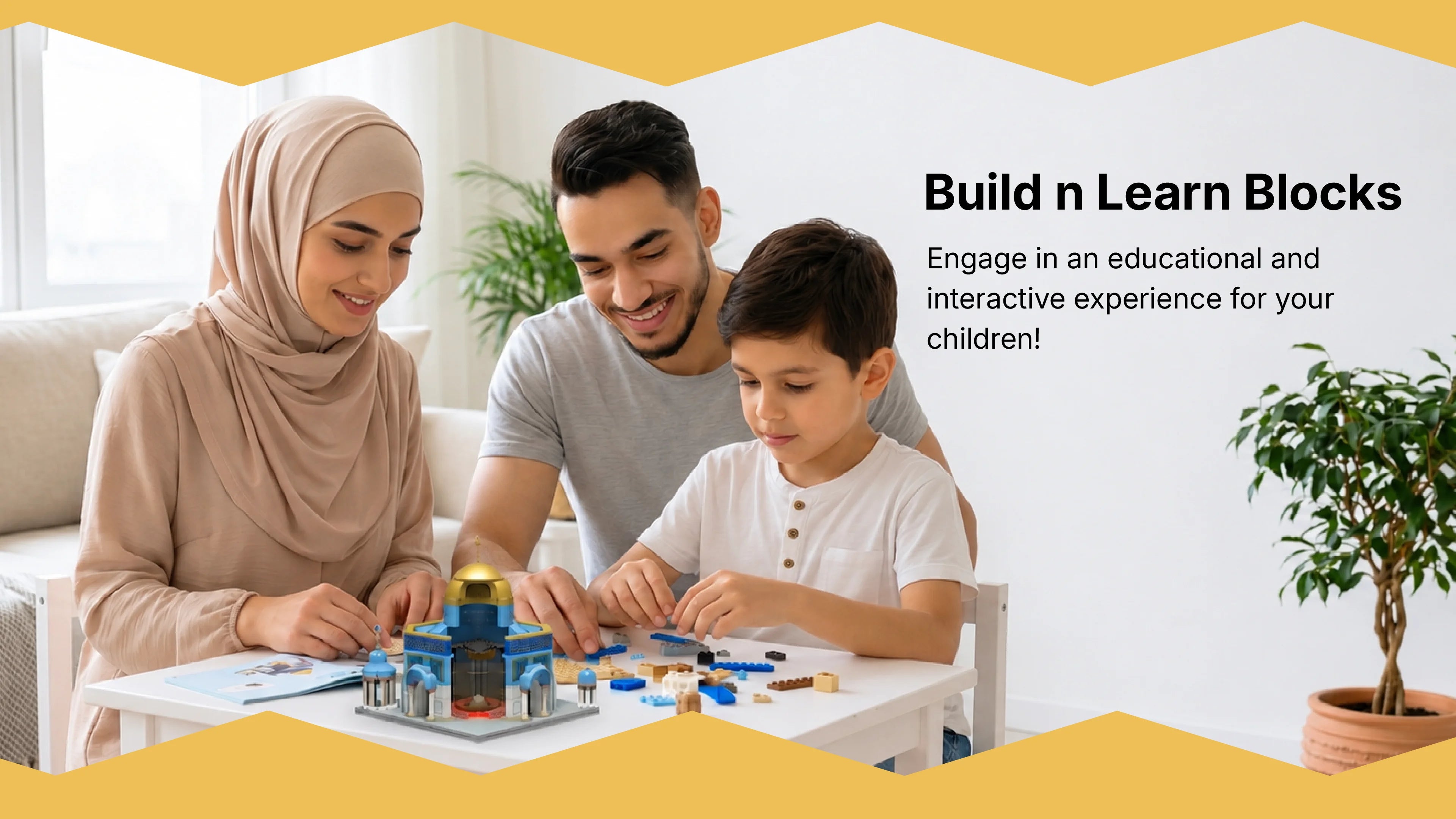 Mother, father and son building the Dome of the Rock block set together at a table