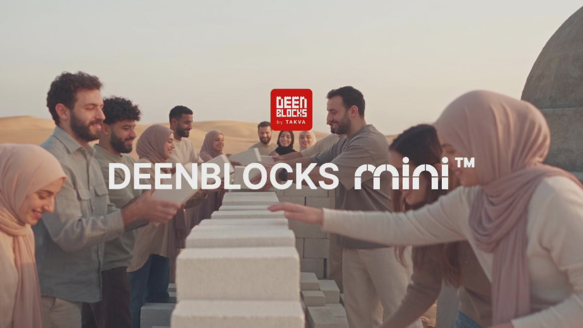 Load video: TAKVA Deenblocks Mini video: Muslim brothers and sisters build a mosque together, block by block, because every Mini you buy helps build a real mosque. Shown with the Dome of the Rock Mini being built at home and all 8 Islamic desk decor designs.