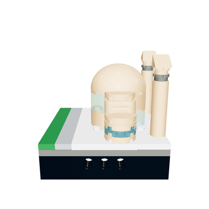 Interactive 3D model of the Cologne Central Mosque mini building blocks set that you can rotate and zoom, showing the sand-coloured shell dome, glass bands and slanted-top minarets