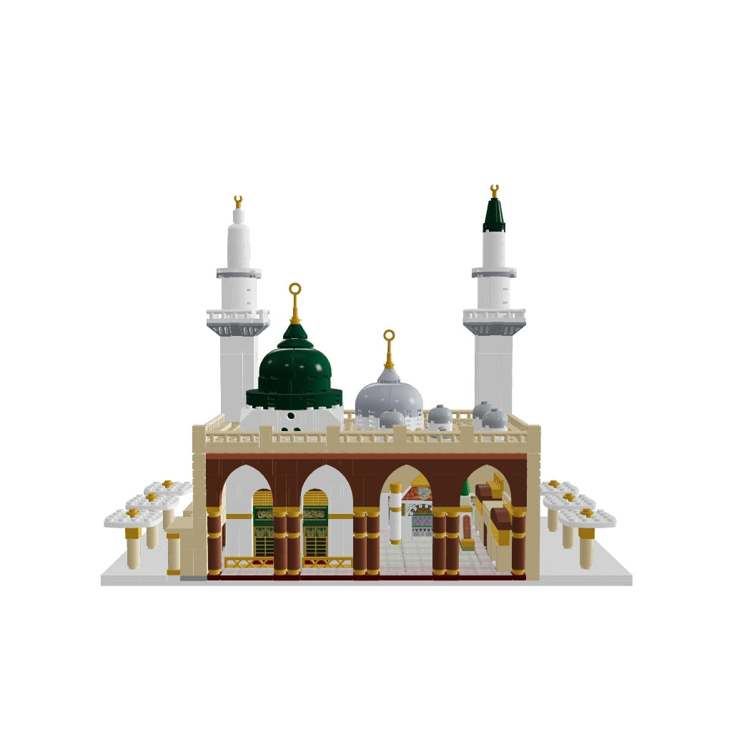 3D rotating blocks of Masjid An Nabawi Medina Prophet's Mosque with inner compartments Rawdah Pillars and Green Dome