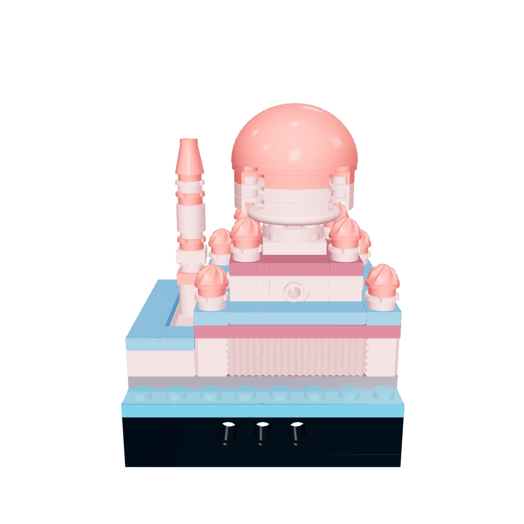 Interactive 3D model of the Putra Mosque mini building blocks set that you can rotate and zoom, showing the pink main dome, rose small domes, minaret and blue lakeside base