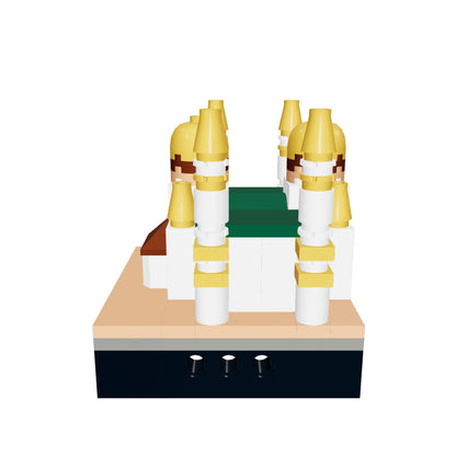 Interactive 3D model of the Masjid Sultan mini building blocks set that you can rotate and zoom, showing the golden onion domes, white walls, gold-tipped minarets and pitched entrance