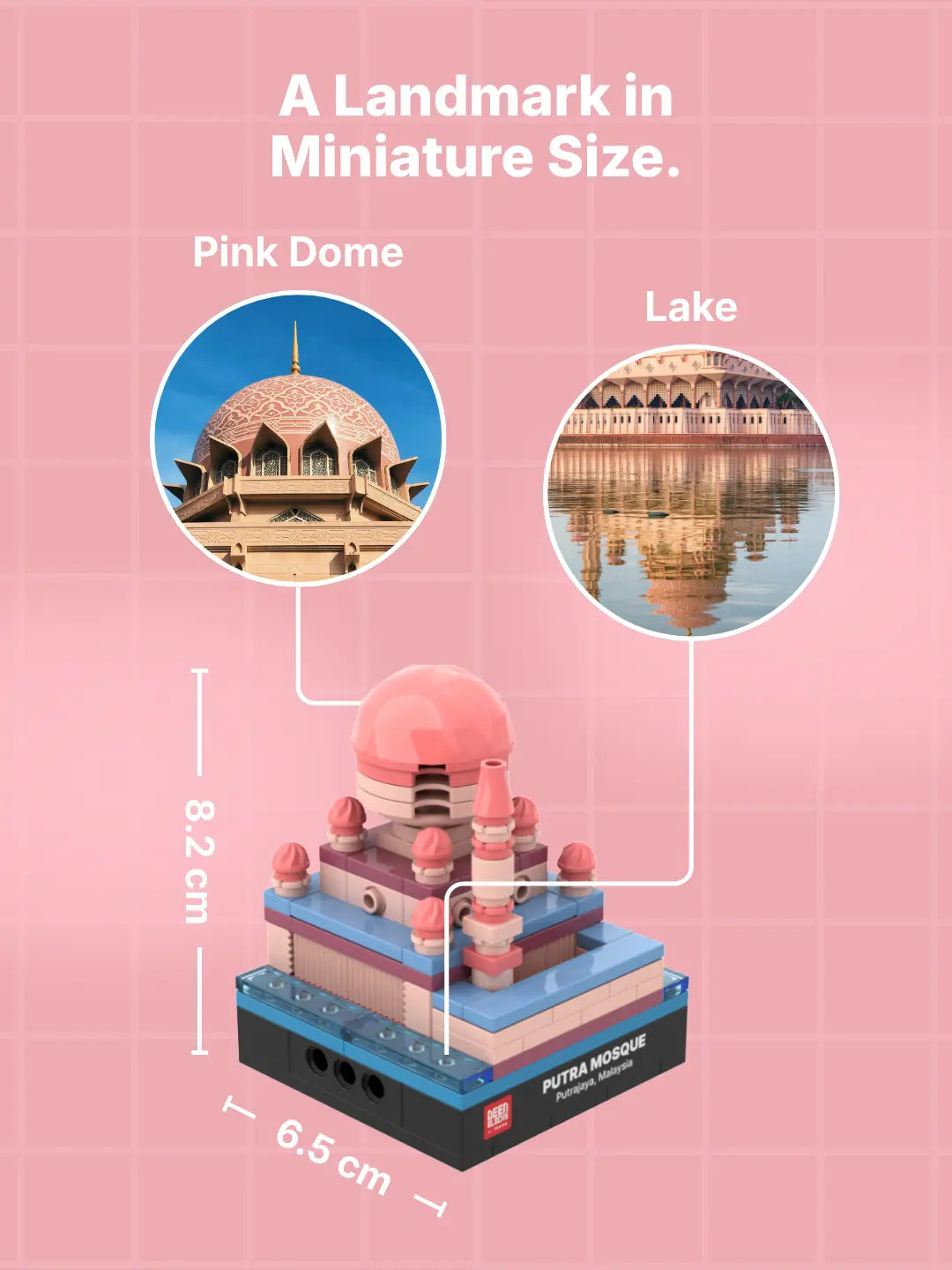 A landmark in miniature size: Putra Mosque mini building blocks model measuring 8.2 cm tall and 6.5 cm wide, with callouts matching its pink dome and lake to photos of the real mosque in Putrajaya (mobile copy)
