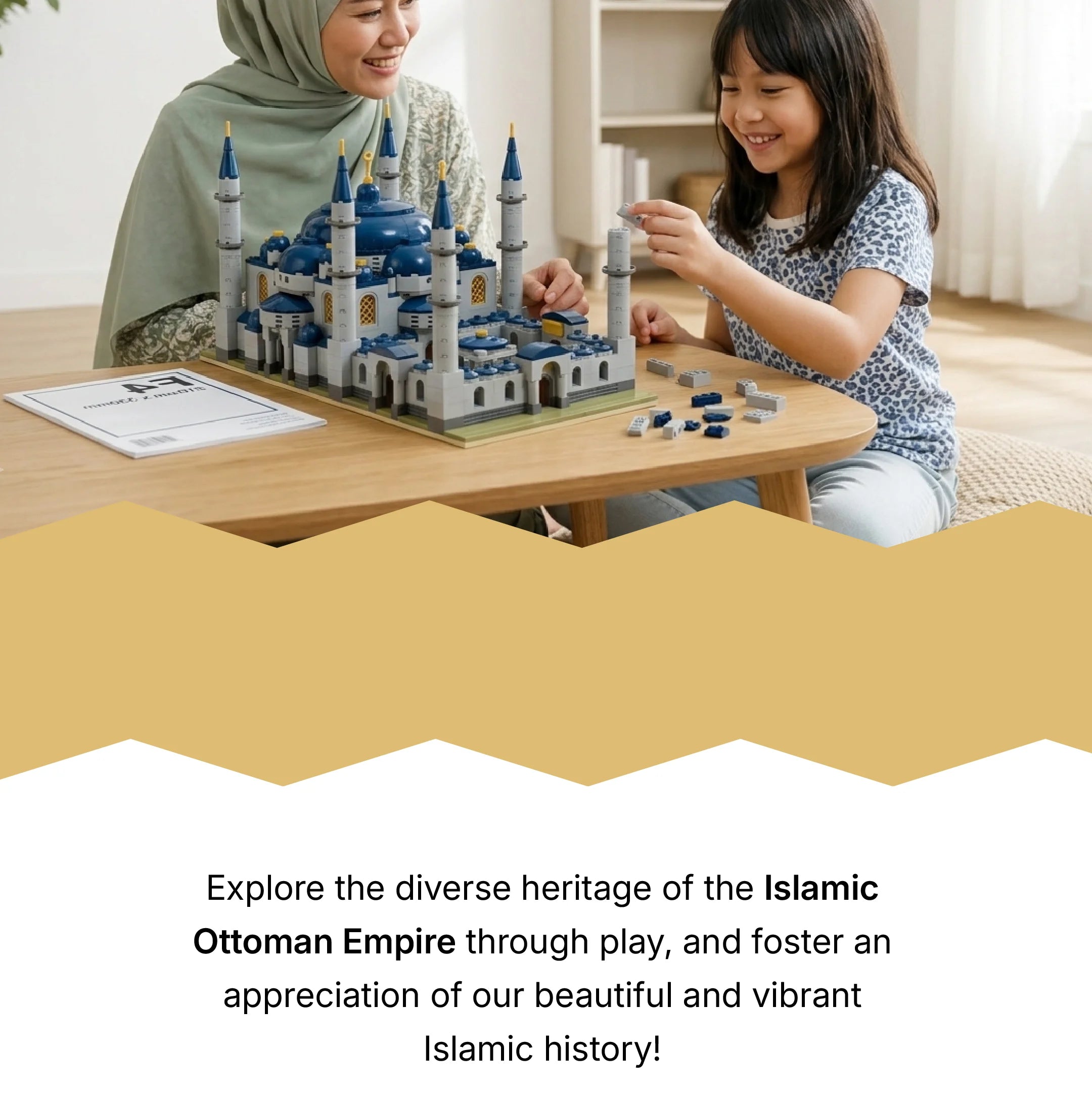 Family building the Sultan Ahmet Camii Blue Mosque block toy together, perfect for whole family to bond and come together (mobile copy)