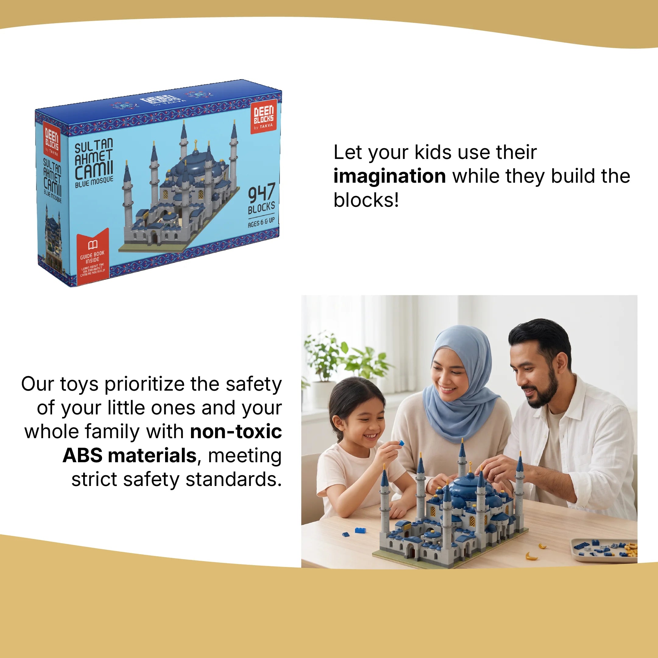 Sultan Ahmet Camii Blue Mosque block toy packaging (947 blocks, guidebook included, ages 6+) beside a family and building the set together (mobile copy)