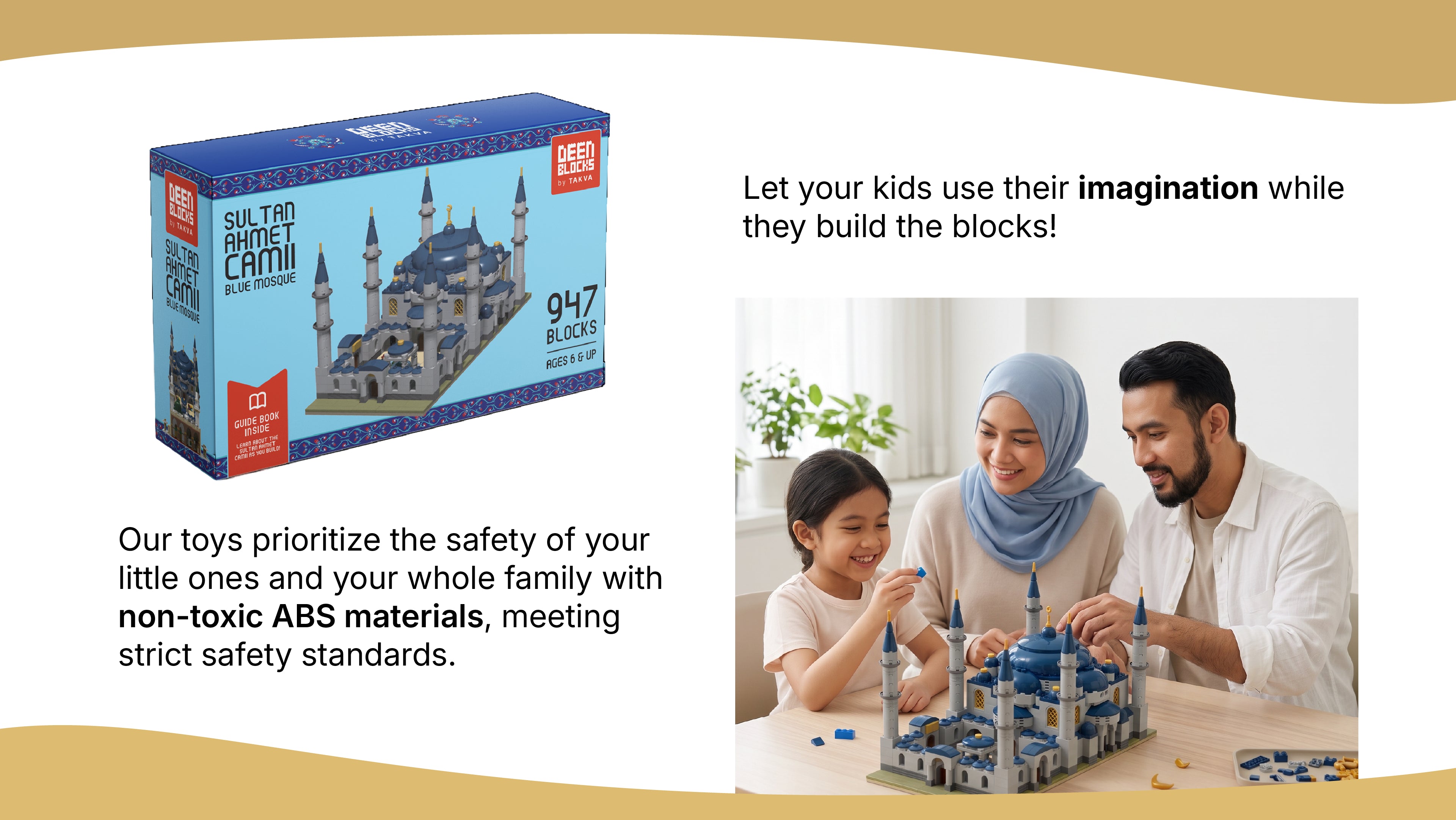 Sultan Ahmet Camii Blue Mosque block toy packaging (947 blocks, guidebook included, ages 6+) beside a family and building the set together