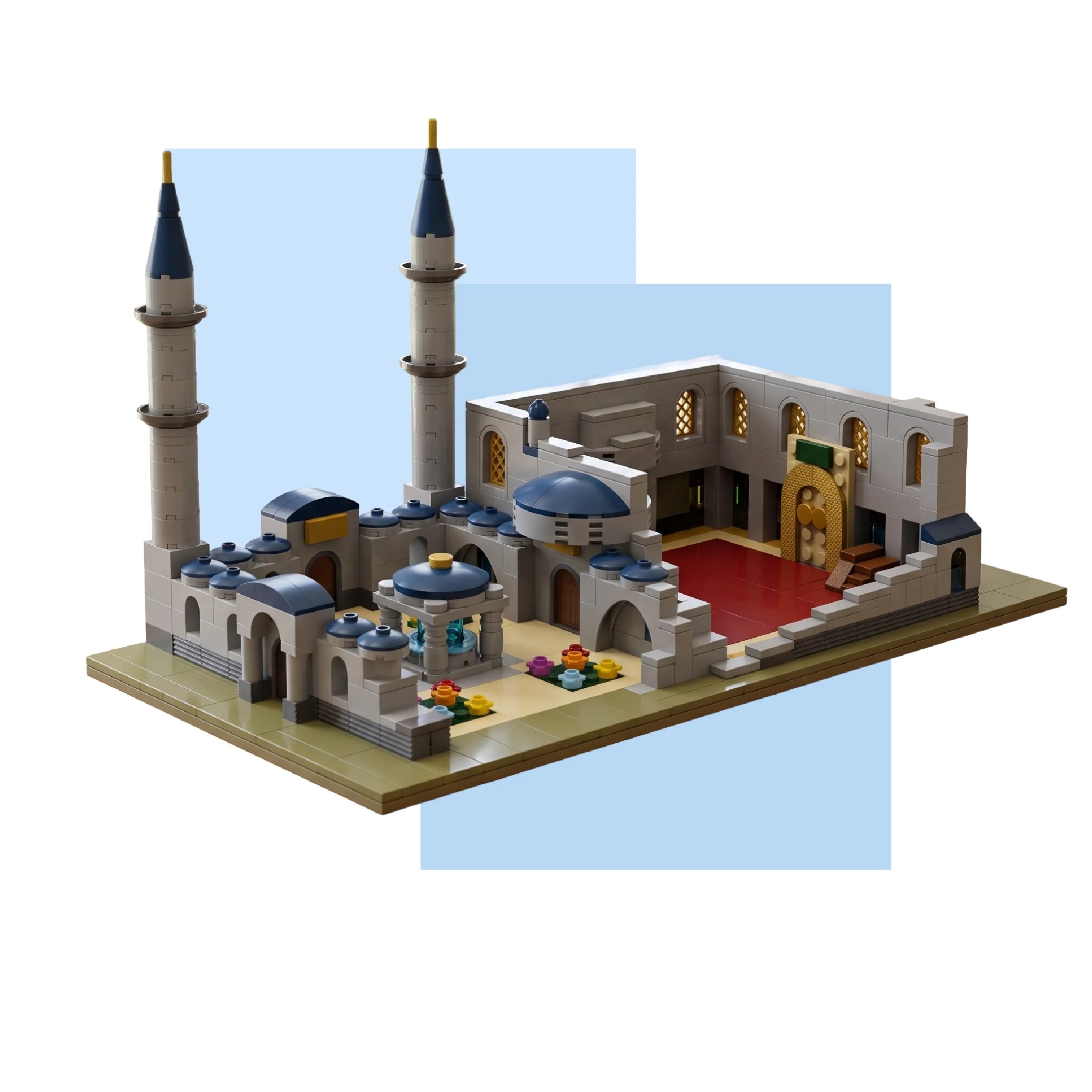 Sultan Ahmet Camii Blue Mosque Islamic building block set — interior courtyard view showing the mihrab, red prayer carpet, and prayer hall (mobile copy)
