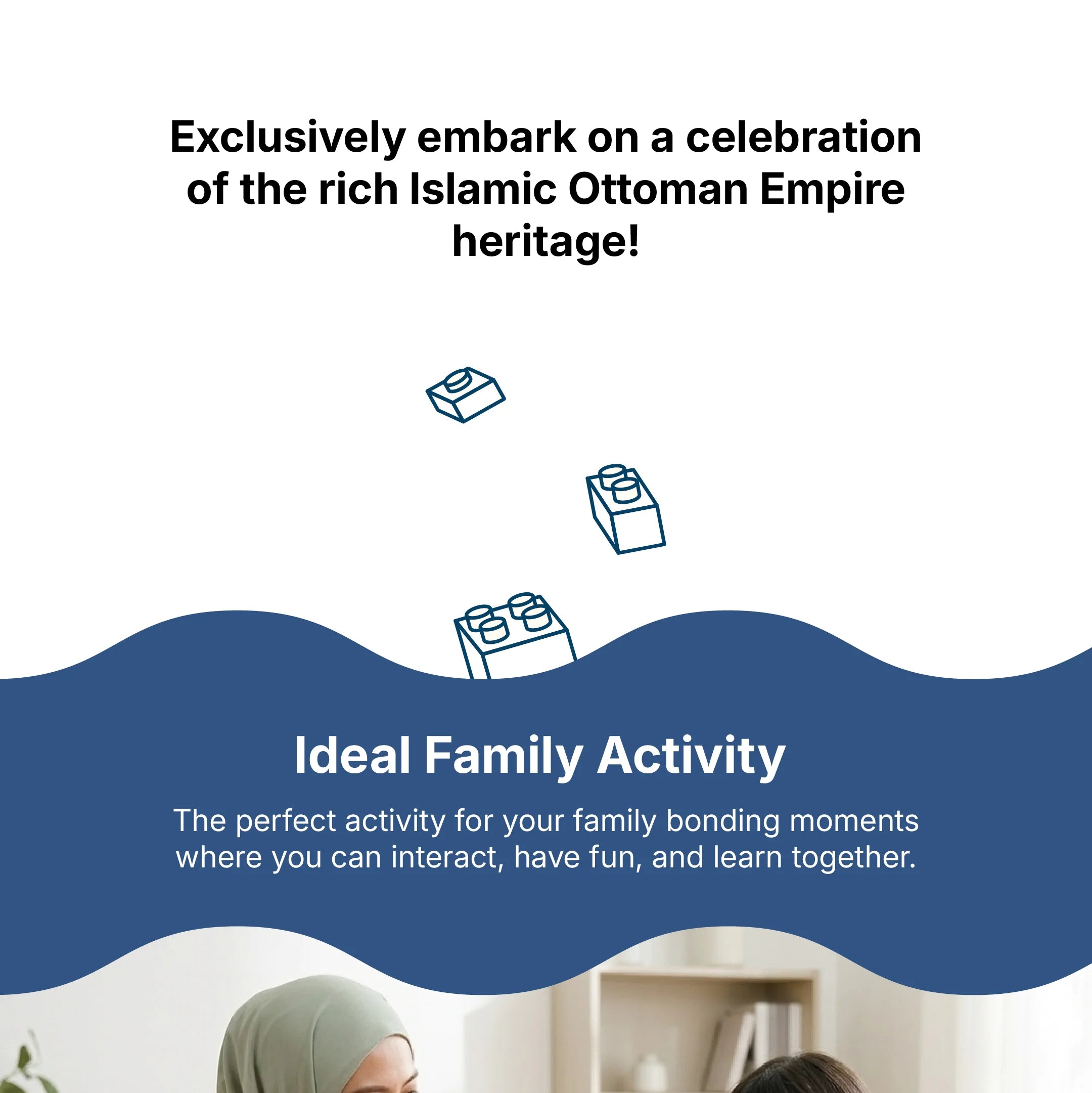 Sultan Ahmet Camii Blue Mosque Islamic landmark building block set for kids — DeenBlocks by TAKVA hero banner reading 'Exclusively embark on a celebration of the rich Islamic Ottoman Empire heritage!' (mobile copy)