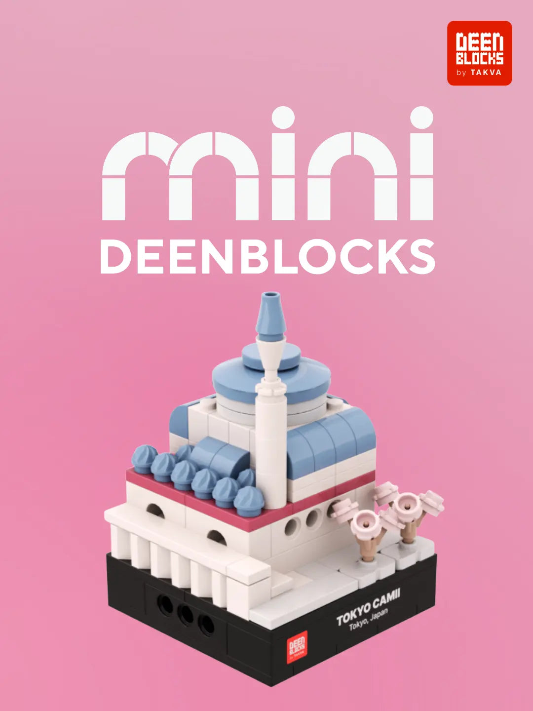 Meet Mini DEENBLOCKS: Tokyo Camii mini mosque model in building blocks, with a light blue main dome, minaret, small domes, pink cherry blossom trees and a black display base labeled Tokyo Camii, Tokyo, Japan (mobile copy)