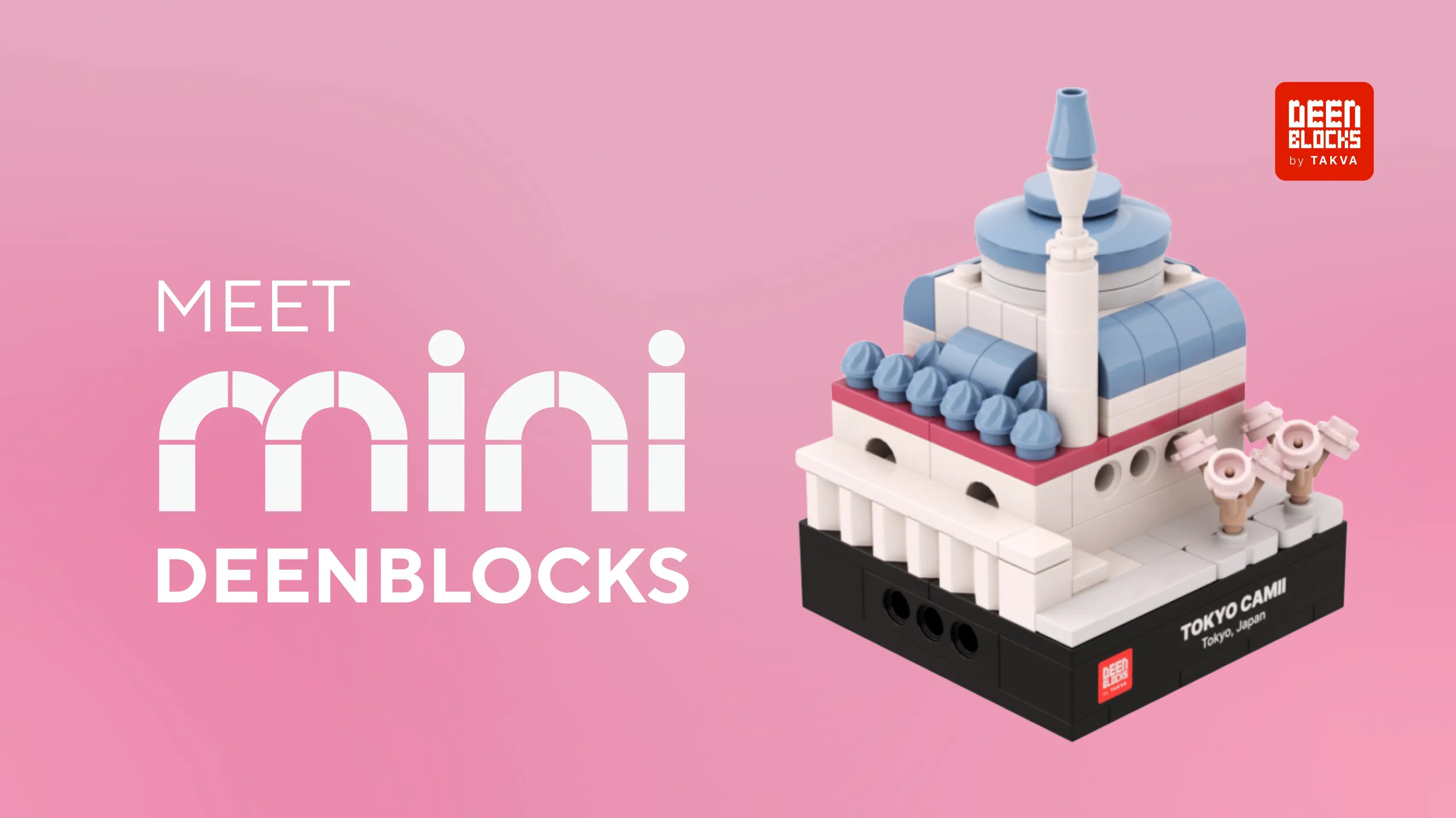 Meet Mini DEENBLOCKS: Tokyo Camii mini mosque model in building blocks, with a light blue main dome, minaret, small domes, pink cherry blossom trees and a black display base labeled Tokyo Camii, Tokyo, Japan