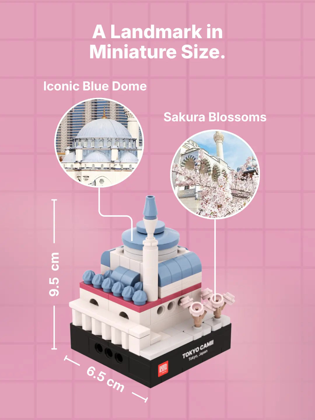 A landmark in miniature size: Tokyo Camii mini mosque model measuring 8.5 cm tall and 6.5 cm wide, with callouts matching its iconic blue dome and sakura blossoms to photos of the real mosque in Tokyo (mobile copy)