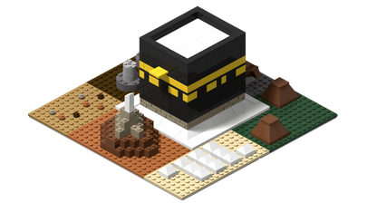 A set of educational building blocks toy arranged to represent the Kaaba, a significant landmark in Hajj, with miniatures of safa marwa, mina tent, mount Arafat, muzdalifah, Jamaraat and Hady.